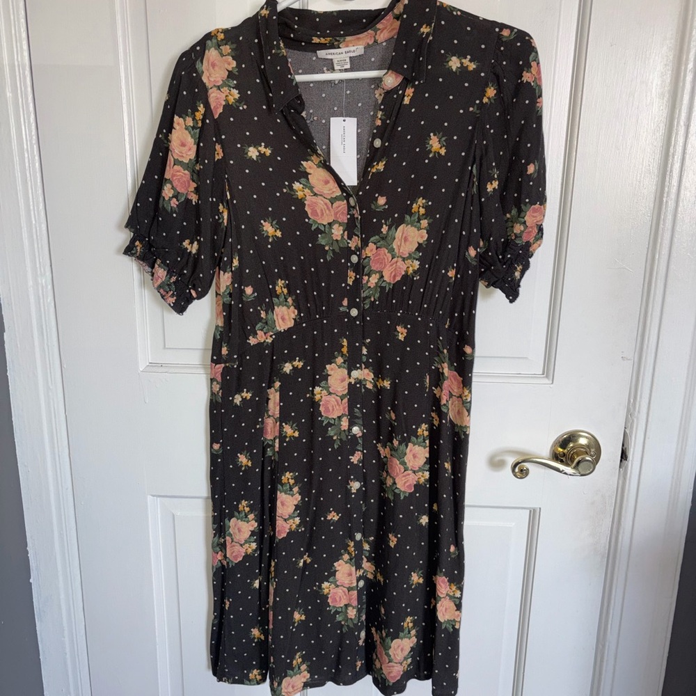American Eagle Outfitters Black Midi Dress with Pink Floral Print